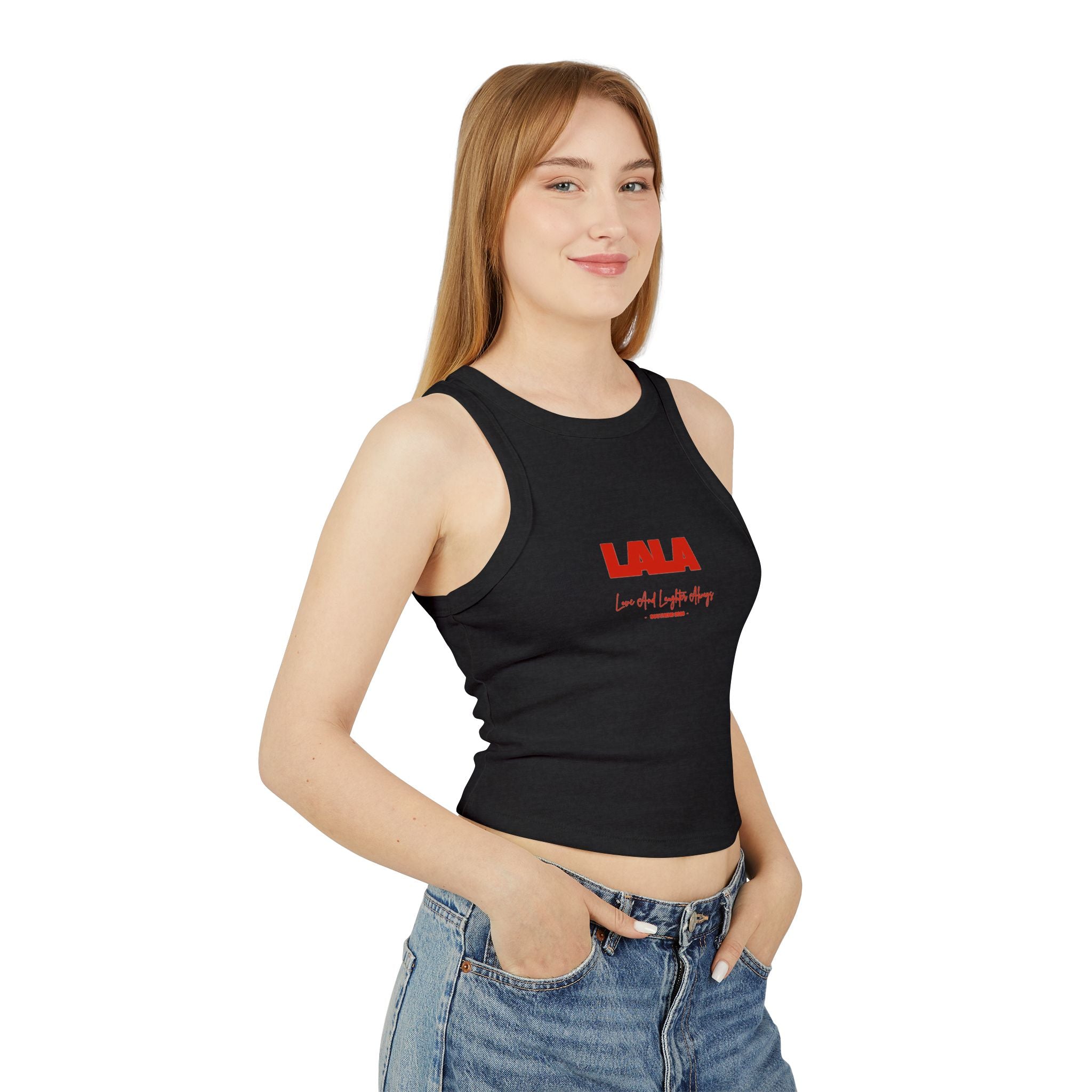 LALA logo script racer tank