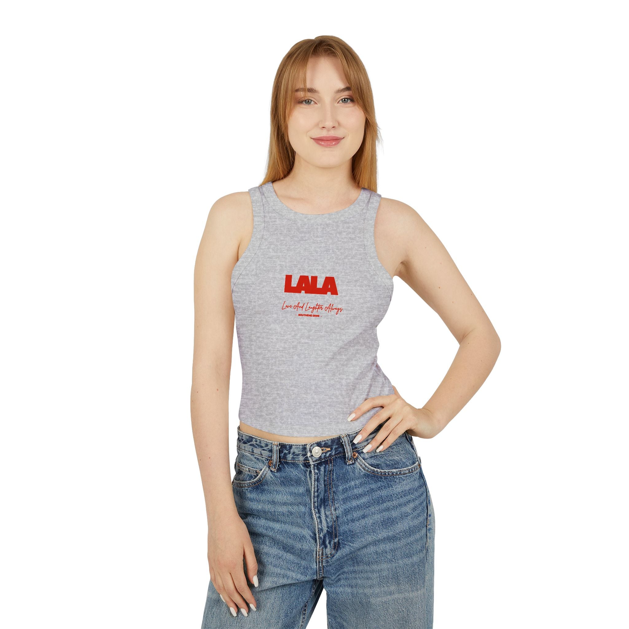 LALA logo script racer tank