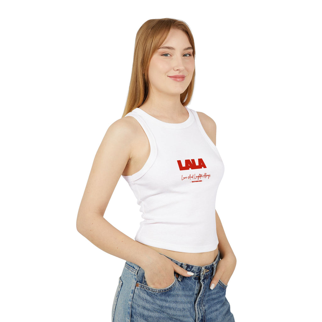 LALA logo script racer tank