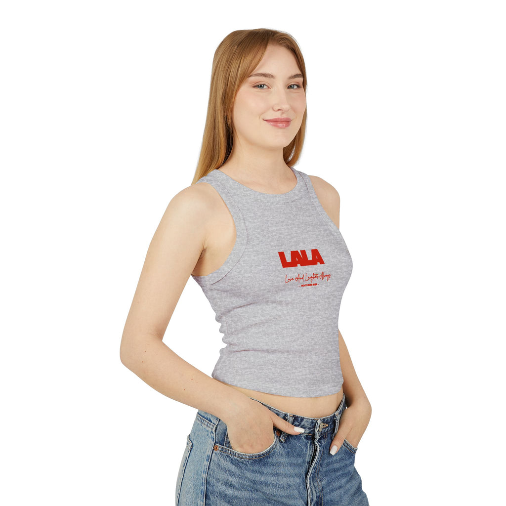 LALA logo script racer tank
